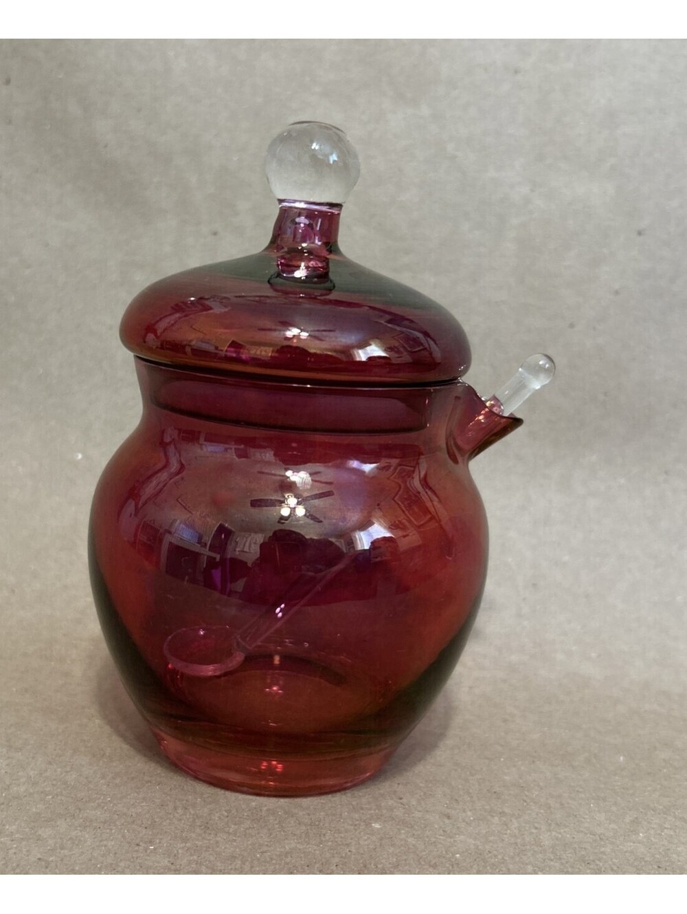 Vintage Lidded Red jam/jelly jar with notched rim and clear glass matching spoon